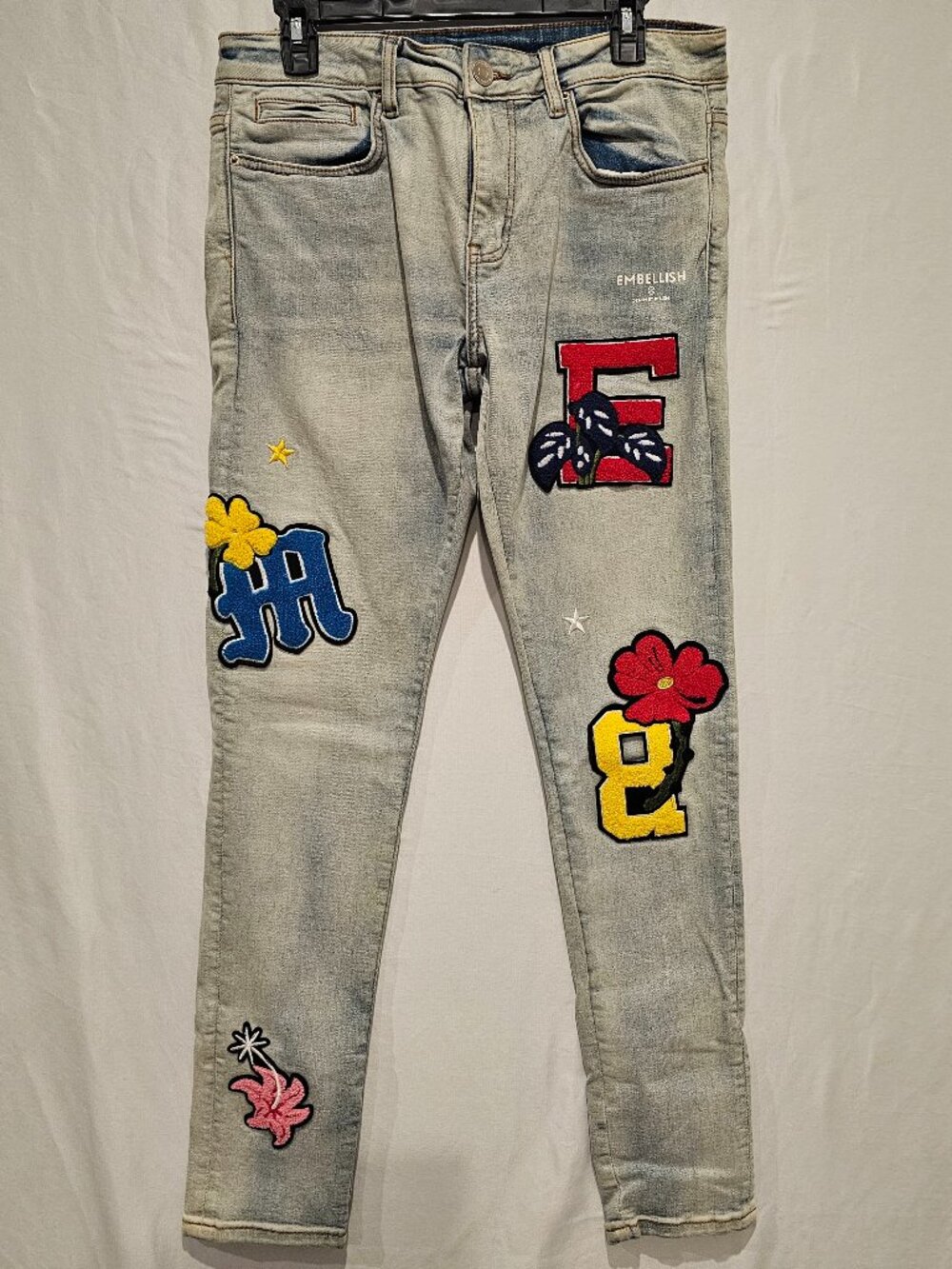 Embellish NYC Nille Patch Jeans Men's Size 32 Light Wash Distressed Streetwear